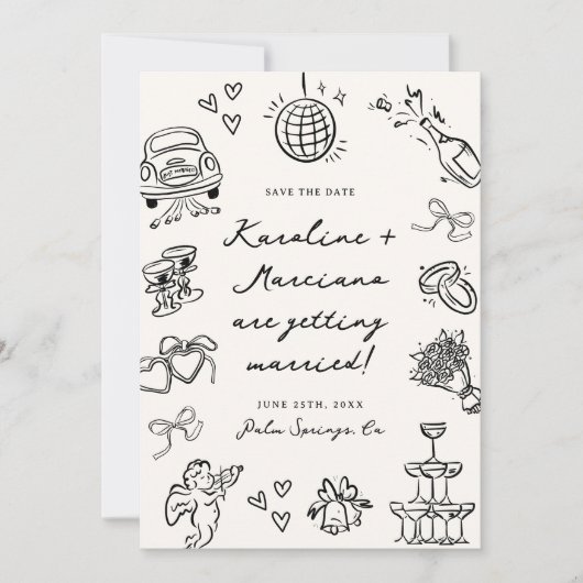 Whimsical Hand Drawn Doodles Save the Date QR-Code Einladung (Vorderseite)