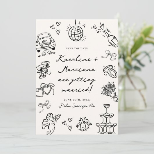 Whimsical Hand Drawn Doodles Save the Date QR-Code Einladung (Stehend Vorderseite)