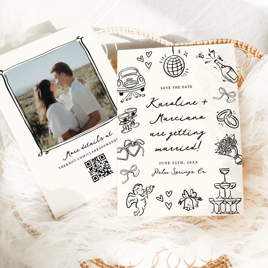 Whimsical Hand Drawn Doodles Save the Date QR-Code Einladung
