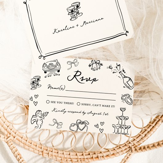 Whimsical Hand Drawn Doodles Wedding RSVP Einladung