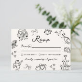 Whimsical Hand Drawn Doodles Wedding RSVP Einladung (Stehend Vorderseite)