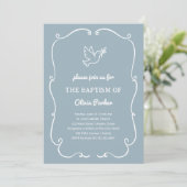 Whimsical Hand-Drawn Dove Blue | Baptism Einladung (Stehend Vorderseite)