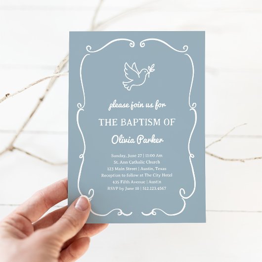 Whimsical Hand-Drawn Dove Blue | Baptism Einladung