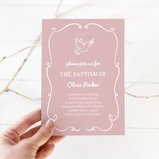 Whimsical Hand-Drawn Dove Pink | Baptism Einladung