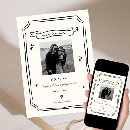 Whimsical Hand Drawn Einzigartiges HochzeitsFoto Save The Date