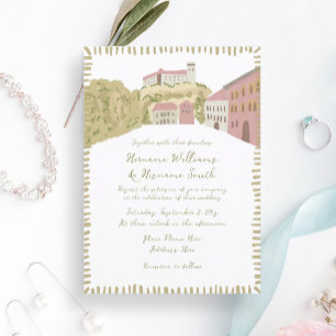 Whimsical Hand Drawn Europe Hill Burg Hochzeit Einladung