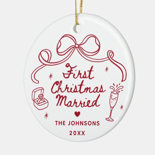 Whimsical Hand Drawn  First Christmas Married Keramik Ornament (Links)