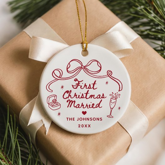 Whimsical Hand Drawn  First Christmas Married Keramik Ornament