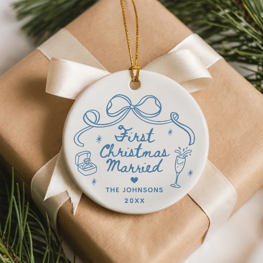 Whimsical Hand Drawn First Christmas Married Keramik Ornament