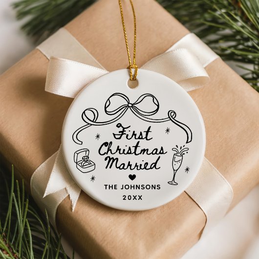 Whimsical Hand Drawn First Christmas Married Keramik Ornament