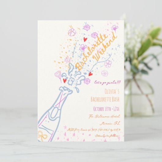 Whimsical Hand Drawn Floral Bachelorette Wochenend Einladung (Stehend Vorderseite)