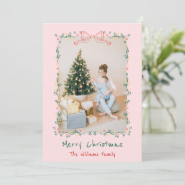 Whimsical Hand Drawn Floral Bow Christmas 1 Photo Feiertagskarte