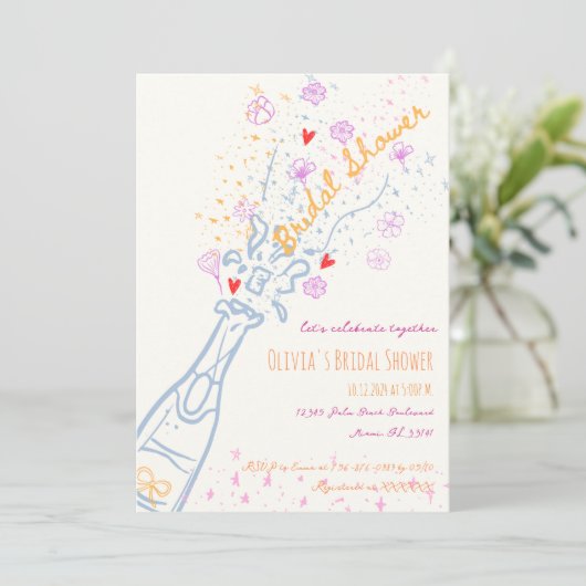 Whimsical Hand Drawn Floral Scribble Brautparty Einladung (Stehend Vorderseite)