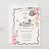 Whimsical Hand Drawn Floral Scribble Wavy Hochzeit Einladung (Vorderseite)