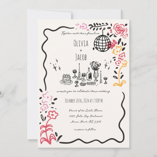 Whimsical Hand Drawn Floral Scribble Wavy Hochzeit Einladung (Vorderseite)