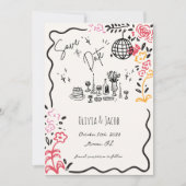 Whimsical Hand Drawn Floral Scribble Wavy Hochzeit Einladung (Vorderseite)