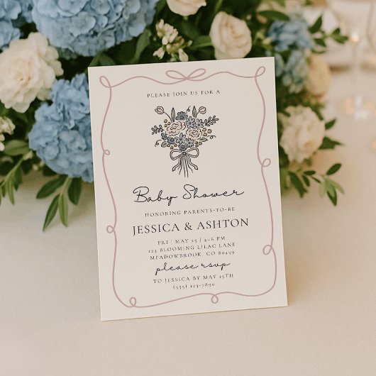 Whimsical hand-drawn flowers and frame baby shower einladung