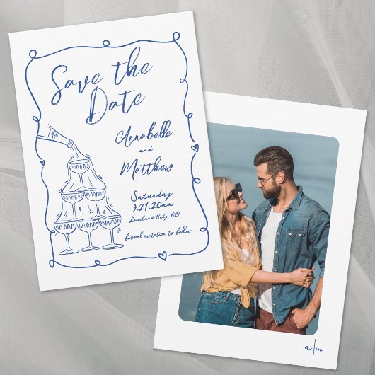 Whimsical Hand Drawn Foto Blue Wedding Save The Date