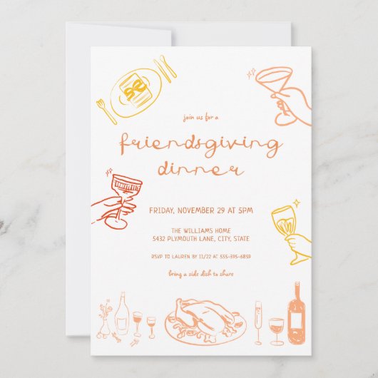 Whimsical Hand Drawn Friendsgiving Dinner einladen Einladung (Vorderseite)