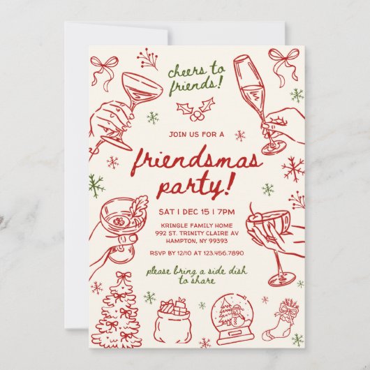 Whimsical Hand Drawn Friendsmas Christmas Party Einladung (Vorderseite)