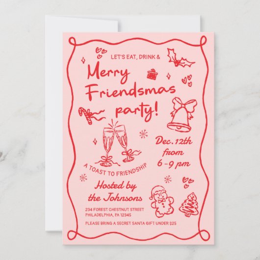 Whimsical Hand Drawn Friendsmas Christmas Party Einladung (Vorderseite)