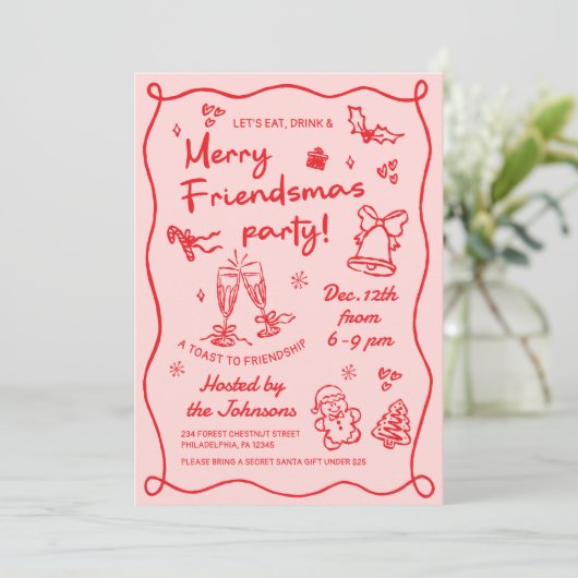 Whimsical Hand Drawn Friendsmas Christmas Party Einladung (Stehend Vorderseite)