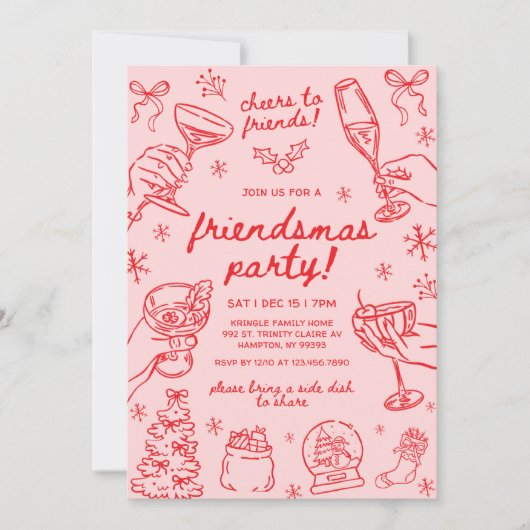 Whimsical Hand Drawn Friendsmas Christmas Party Einladung (Vorderseite)