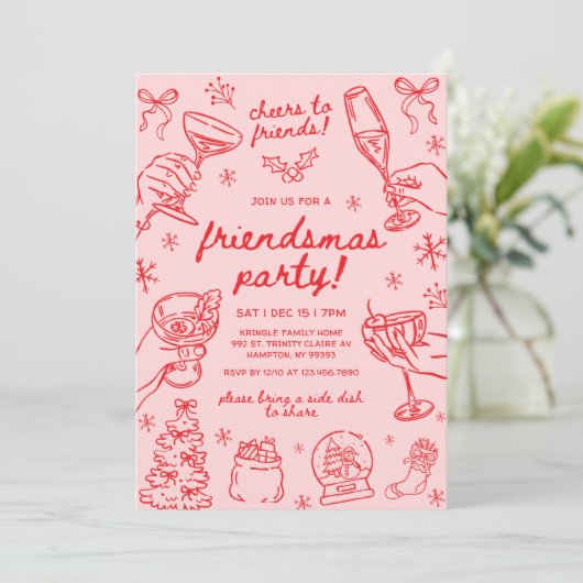 Whimsical Hand Drawn Friendsmas Christmas Party Einladung (Stehend Vorderseite)