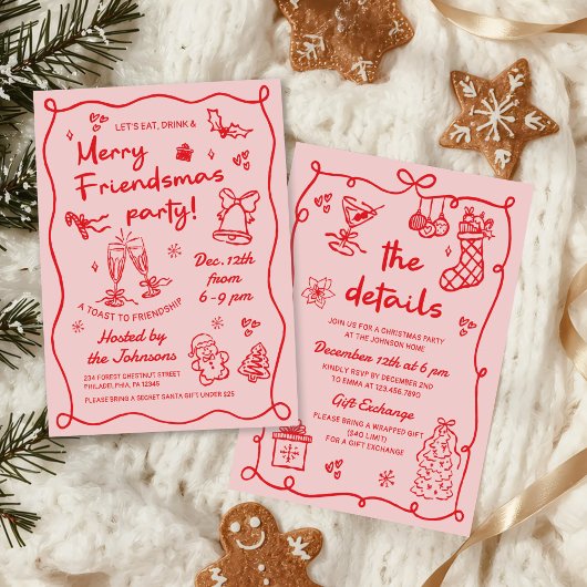 Whimsical Hand Drawn Friendsmas Christmas Party Einladung