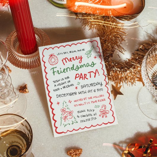 Whimsical Hand Drawn Friendsmas Christmas Party Einladung