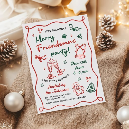 Whimsical Hand Drawn Friendsmas Christmas Party Einladung