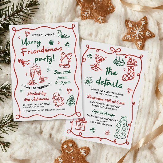 Whimsical Hand Drawn Friendsmas Christmas Party Einladung