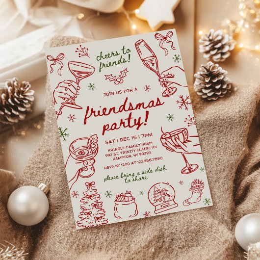 Whimsical Hand Drawn Friendsmas Christmas Party Einladung
