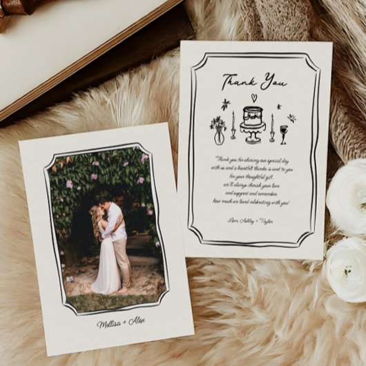 Whimsical Hand Drawn Fun Quirky Wedding Foto Dankeskarte
