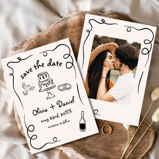 Whimsical Hand Drawn Funky Wedding Foto Save The Date