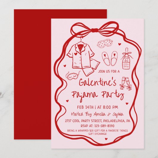 Whimsical Hand Drawn Galentine's Pajama Party  Einladung (Vorne/Hinten)