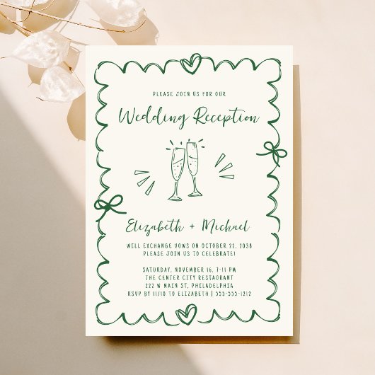 Whimsical Hand Drawn Green Cream Hochzeitsempfang Einladung