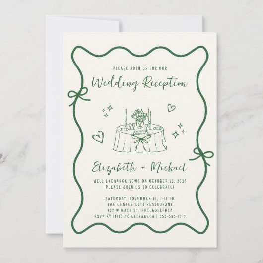 Whimsical Hand Drawn Green Cream Hochzeitsempfang Einladung (Vorderseite)