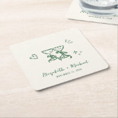 Whimsical Hand Drawn Green Cream Wedding Rechteckiger Pappuntersetzer (angewinkelt)