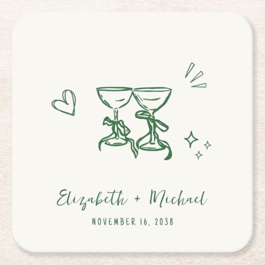 Whimsical Hand Drawn Green Cream Wedding Rechteckiger Pappuntersetzer (Vorderseite)