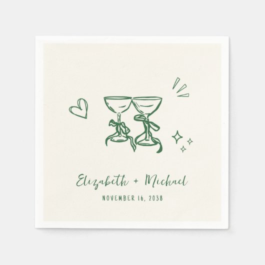 Whimsical Hand Drawn Green Cream Wedding Serviette (Vorderseite)