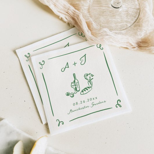 Whimsical Hand Drawn Green Food & Wine Wedding Serviette