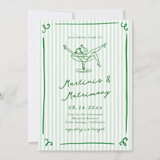 Whimsical Hand Drawn Green Martinis & Matrimone Einladung (Vorderseite)