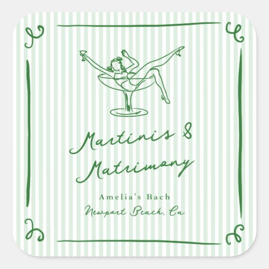 Whimsical Hand Drawn Green Martinis & Matrimone Quadratischer Aufkleber (Vorderseite)