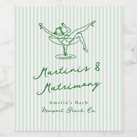 Whimsical Hand Drawn Green Martinis & Matrimone Weinetikett (Einzelnes Label)