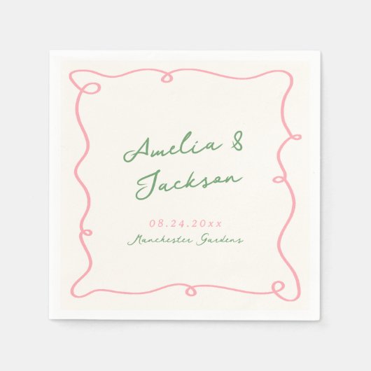 Whimsical Hand Drawn Green & Pink Hochzeit Napkins Serviette (Vorderseite)