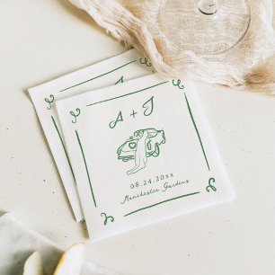 Whimsical Hand Drawn Green Vintage Car Hochzeit Serviette