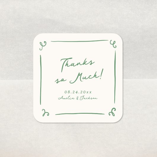Whimsical Hand Drawn Green Wedding Danke Quadratischer Aufkleber