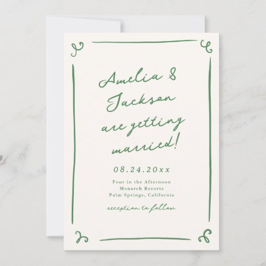 Whimsical Hand Drawn Green Wedding Einladung (Vorderseite)
