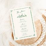 Whimsical Hand Drawn Green Wedding Menu Menükarte<br><div class="desc">Dieses bezaubernde Design zeichnet sich durch handgezeichnete Elemente und einen skurrilen,  fetten Text aus.</div>